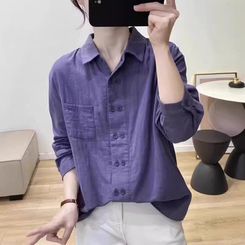 文艺复古双排扣棉麻长袖衬衫女春秋polo领上衣宽松设计感打底衬衣|undefined