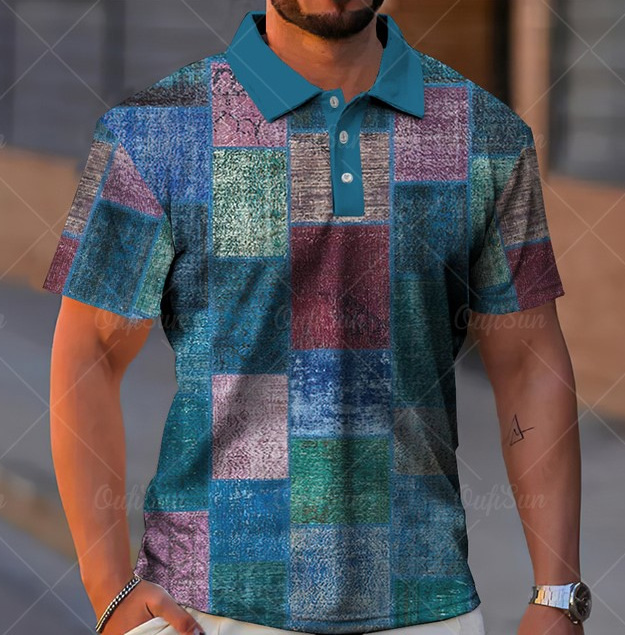 Botón de los hombres camisa polo a cuadros patrón solapa moda 3D Impresión digital moda urbana suelta casual