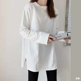 加绒加厚长袖开叉白色T恤打底上衣女设计感2023新款韩版宽松百搭