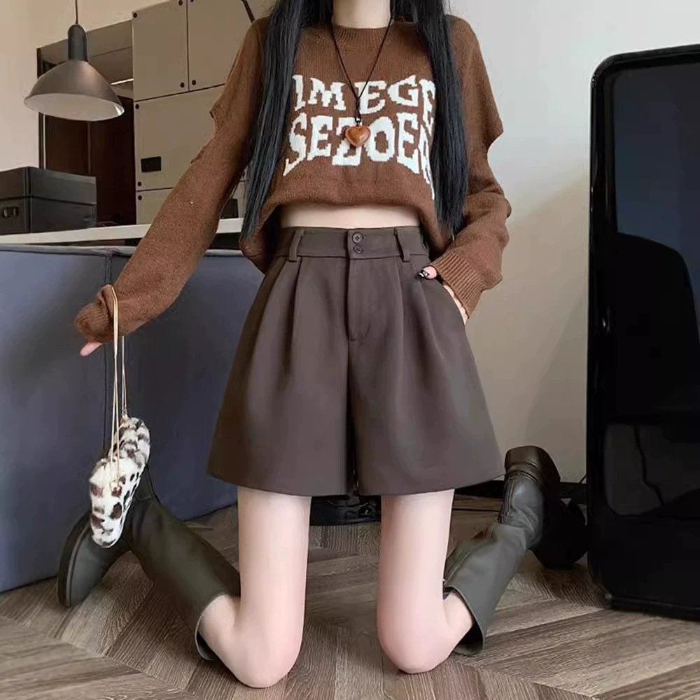 Шорты цвета карри женские осенние 2024 новые с высокой талией, свободными и тонкими на улице