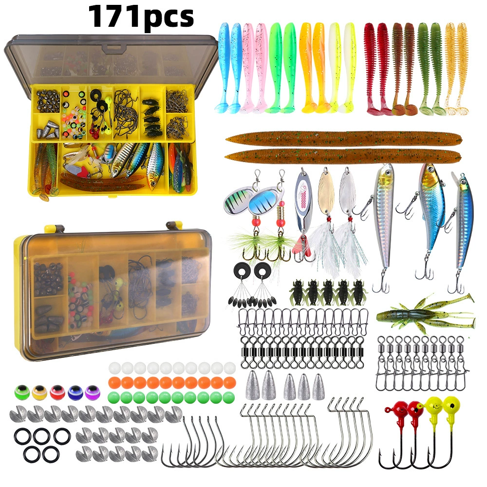 Кросс-бордерный набор для рыбалки: 171 шт. крючков с грузилом, анти-зацепные крючки, искусственные рыбки, восьмиконечные вертлюги, мягкие приманки, в коробке.