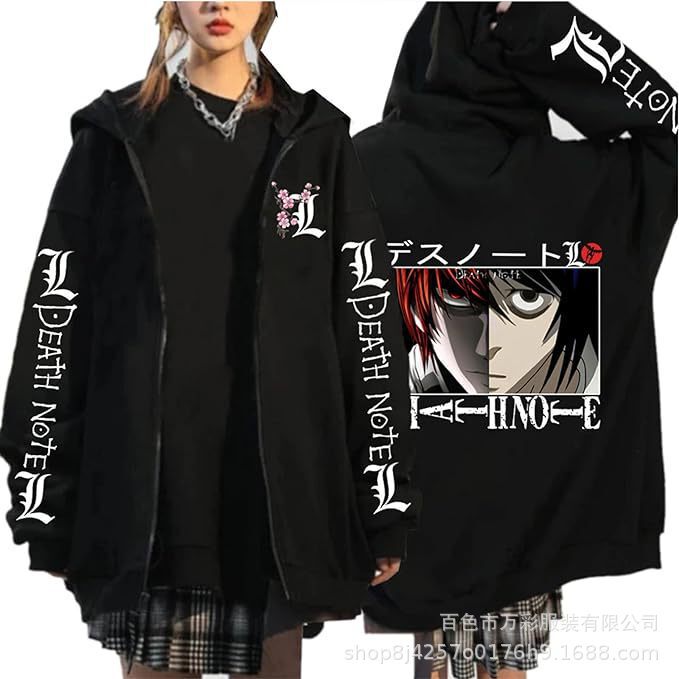 Cartoon Japanese Anime Hooded Zip-Up Sweatshirt with Large Pockets and Fleece for Men and Women, European and American Style, Plus Size