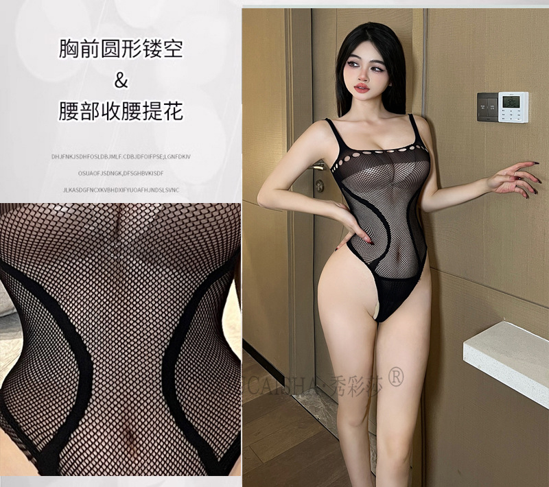 Plus Size Black Fishnet Bodystocking, Polyester Sheer Lingerie Jumpsuit for Women — detail image 11