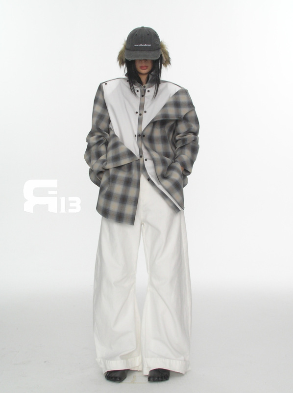 十三行R13 ニッチなデコンストラクトデザインのパッチワークチェック柄シャツミドル丈ジャケット卸売25SS|undefined