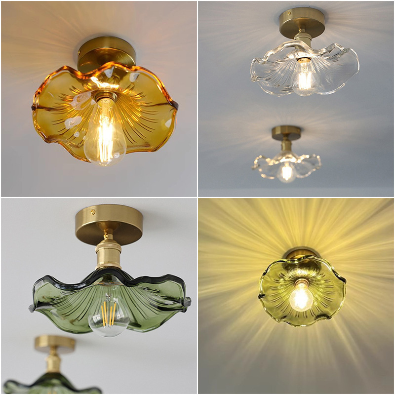 Wholesale retro brass glass lamp green lotus leaf ceiling lamp simple restaurant lamp entrance balcony bar aisle