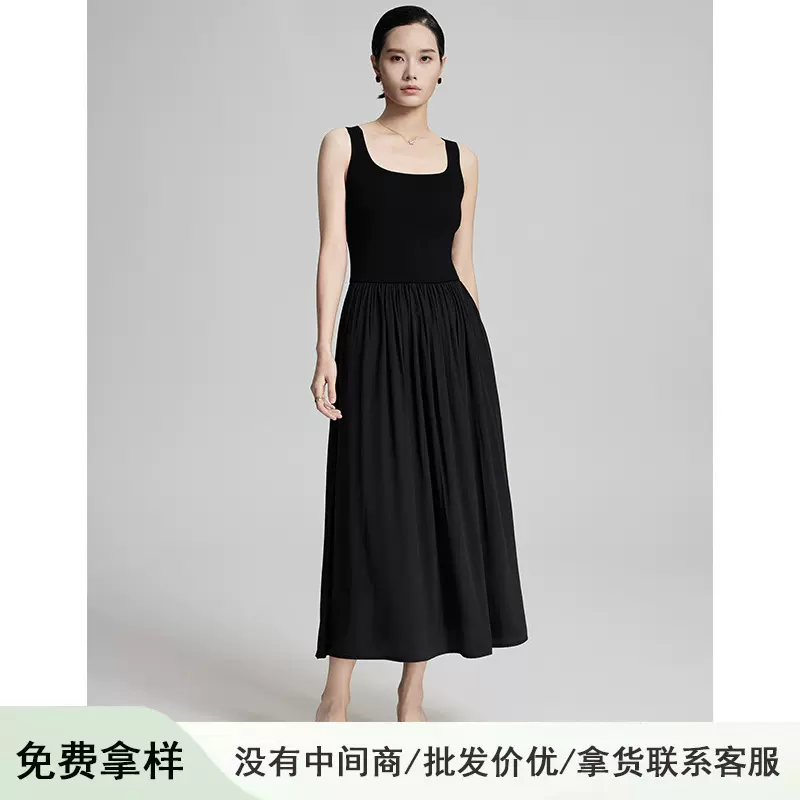 翻单爆款赫本风黑色吊带连衣裙收腰拼接A字裙垂感高级百褶长裙女