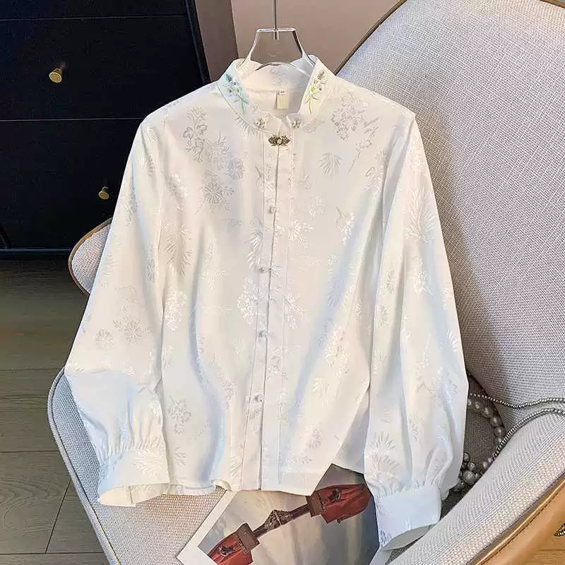 Реальная стрельба Новый китайский стиль тяжелой промышленности с жаккардовой вышивкой стоячий воротник кардиган с длинными рукавами национальный стиль ретро улучшенный топ рубашка