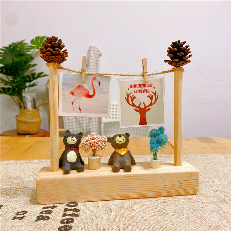 Forest-Style Wedding Desktop Ins Pine Cone Twine Clip Photo Frame Creative Decoration Solid Wood Rectangular 3inch