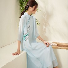 卿淑斋2019新款复古中国风女装梅花手绘天丝禅茶服七分袖连衣裙
