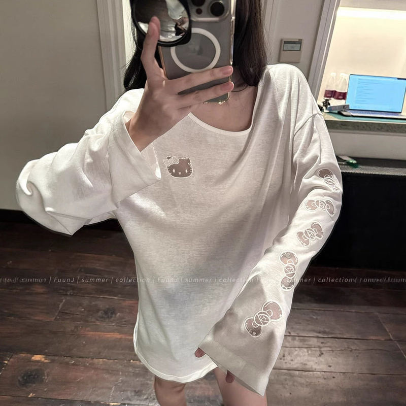 kitty猫镂空刺绣长袖T恤女2025夏季新款纯欲百搭宽松圆领罩衫上衣|undefined