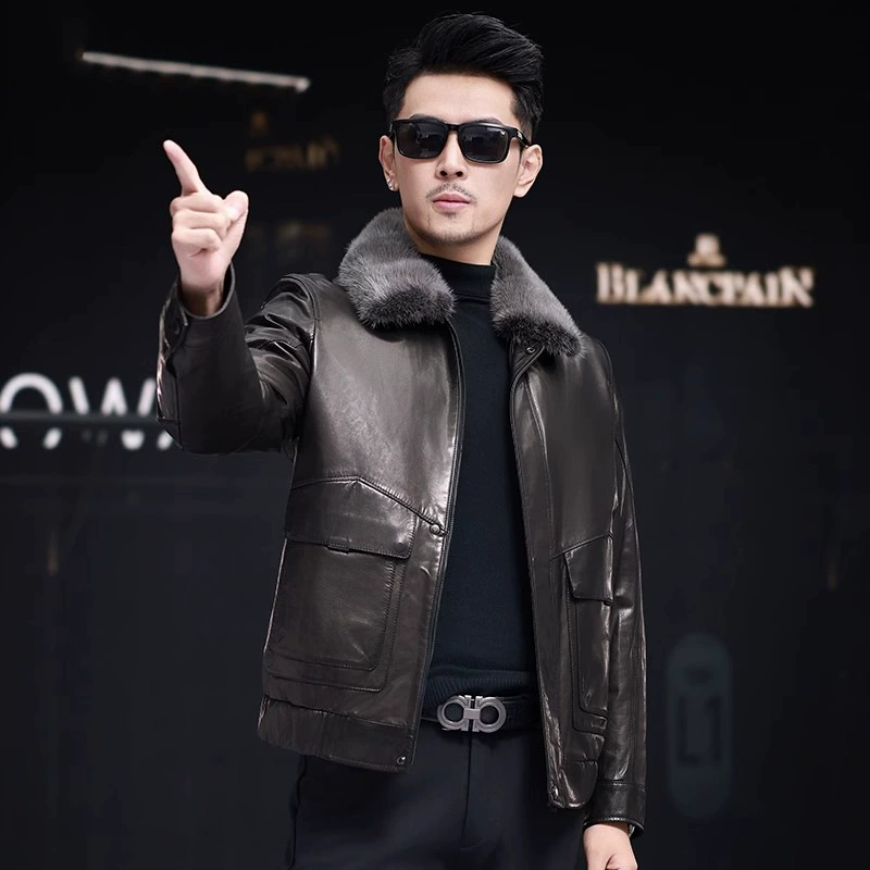 Demi-season down jacket, genuine leather
