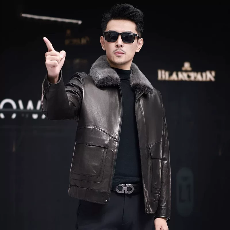 Demi-season down jacket, genuine leather