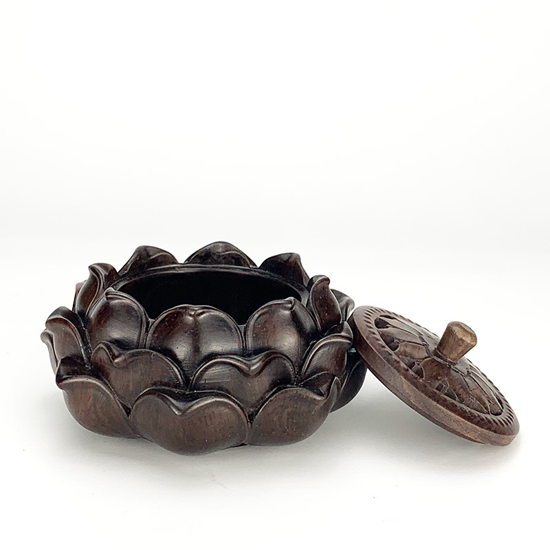 镂空莲花香炉红木黑檀木 家用供奉插香小香炉手把件创意古玩摆件