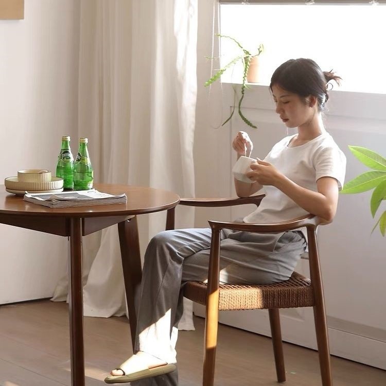 北欧简约中古休闲实木餐椅肯尼迪桌椅家用咖啡厅靠背椅子坐垫绳编|undefined