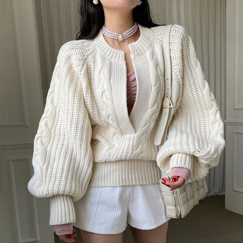 Women's 2025 Autumn/Winter Crochet Crew Neck Knit Sweater with Loose Fit and Chic Korean Style