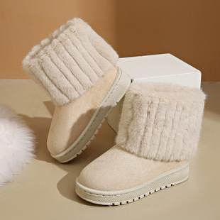 Children's Warm Snow Boots Plush Collar Soft Non-Slip Round Toe Mid-Calf Slip-On Autumn and Winter Fleece-Lined Cotton Shoes