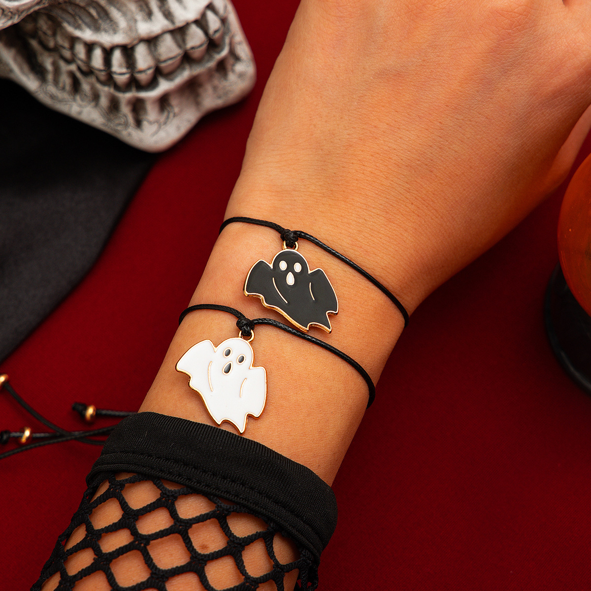 Halloween ghost leather wax line bracelet, dark wind bat alloy bracelet set_voghion.com
