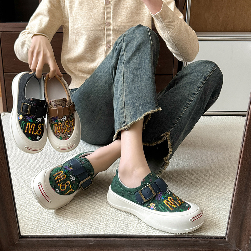 캔버스 신발 여성의 봄과 여름 임산부 부드러운 두꺼운 작은 흰색 신발 게으른 한 단계 로퍼 틈새 낙서 천 신발 싱글 신발