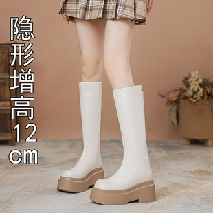 2025 New Thick-Heeled Boots for Small People, Women's Thick-Soled Inner Heightening 12cm Round-Toe High Knight Boots, Long Boots