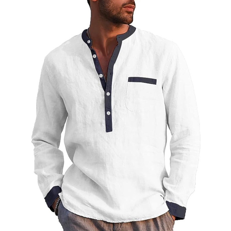 Camisa Henley de manga larga para hombres de temperamento transfronterizo europeo y americano de algodón y lino cómoda camisa de costura transpirable para hombres