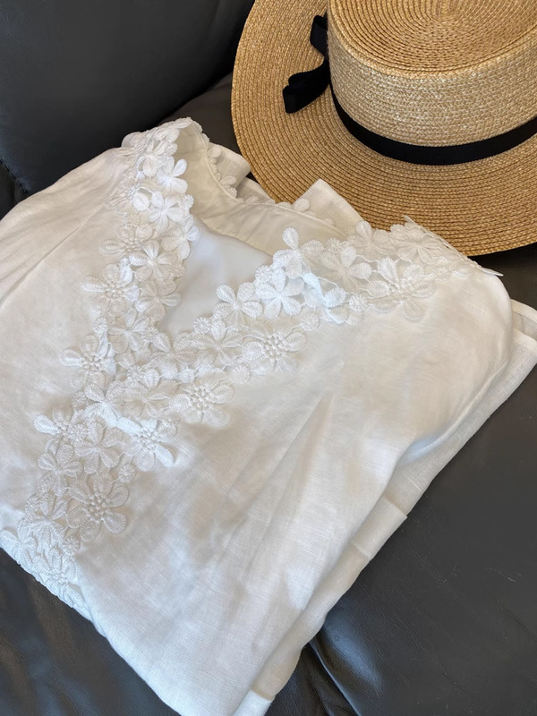 強くお勧めします!!心の中の白い月光～高級リネンヘビーペタル刺繍Vネックミドル丈ワンピース女性用|undefined