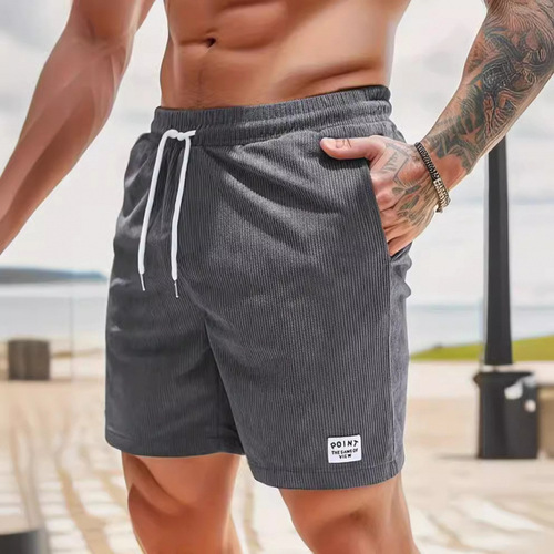 Summer solid color lacing sports pants corduroy simple quarter shorts men's shorts casual pants