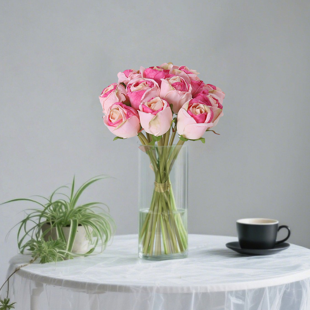 Nuevo estilo de tela de seda para bodas 12 racimos de borde de plátano rosa flor artificial hogar hotel mesa de comedor decoración rosa transfronteriza artificial