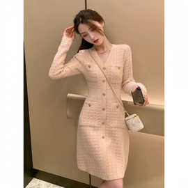 7415小香风名媛高级感轻奢提花针织裙秋季新款粉色淑女收腰连衣裙