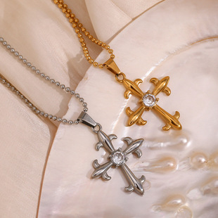 European and American Elegant Design Creative Necklace Stainless Steel Plated 18K Gold Retro White Diamond Cross Bead Chain Necklace for Women