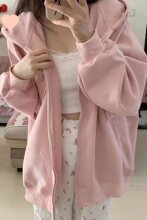 粉色拉链卫衣开衫女连帽长袖外套春夏款甜美日系软妹宽松显瘦上衣