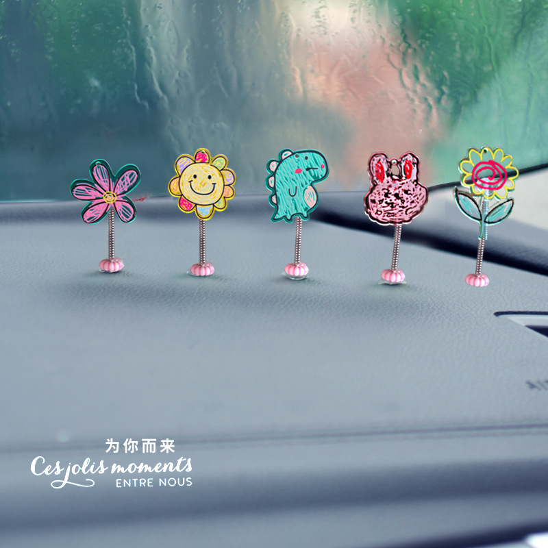 Doodle creativo adorno de coche de dinosaurio de dibujos animados decoración de coche lindo sacudiendo la cabeza