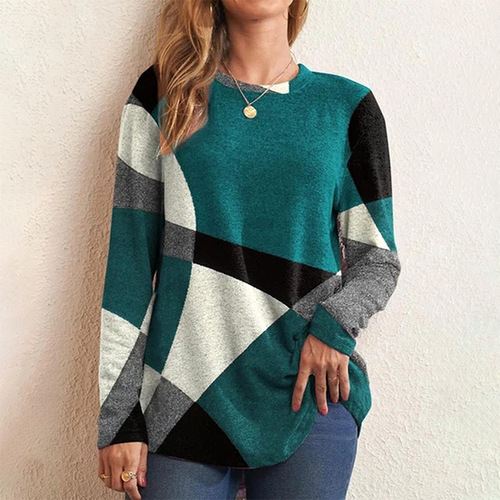 Cross-border Amazon European and American women's clothing 2024 autumn new fashion geometric pattern contrast color long-sleeved T-shirt women's clothing