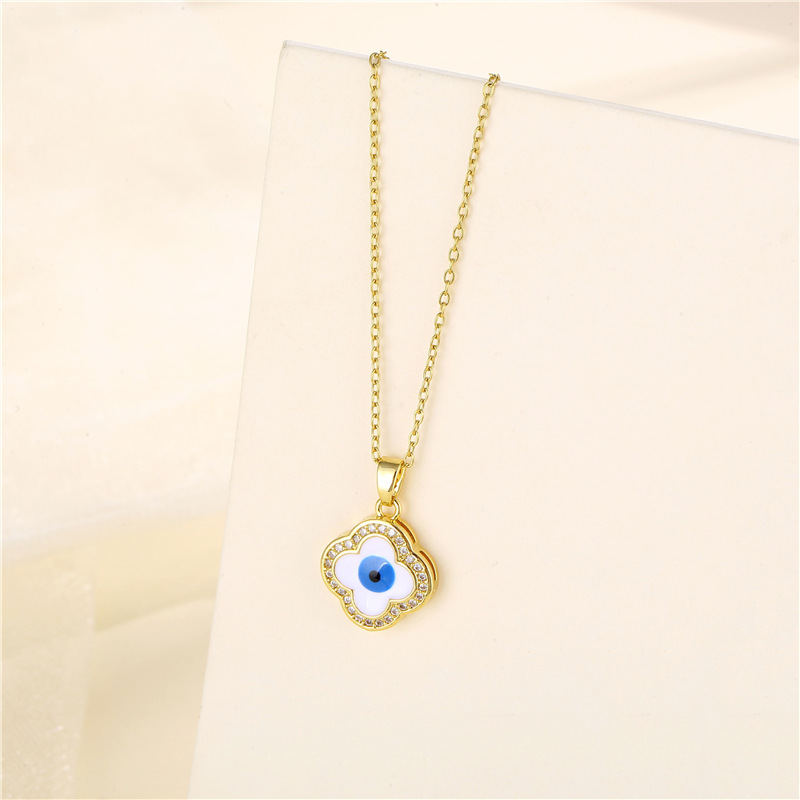Set Zirkon Nazar Kolye Dört Yapraklı Çimen Gözü Kolye Kadın Bilgelik Gözü Elmaslı Damla Yağ Yaka Zinciri_voghion.com
