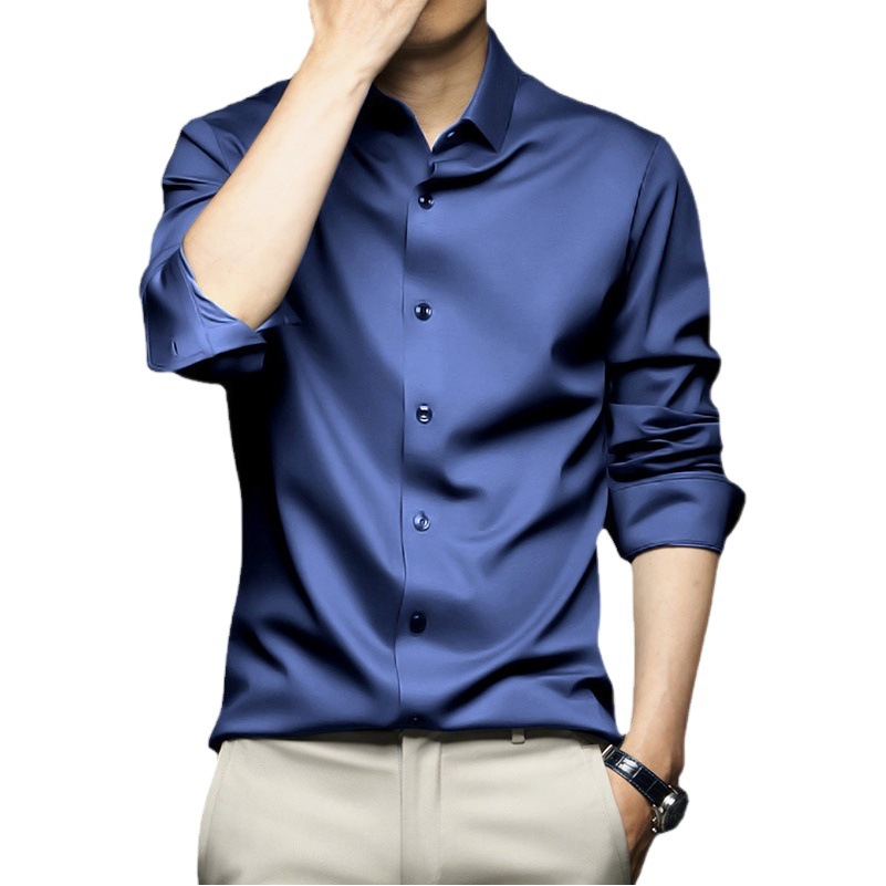 Camisa de manga larga de primavera y otoño para hombres antiarrugas sin planchar ropa formal profesional de negocios de moda de alta gama camisa de seda de hielo camisa negra