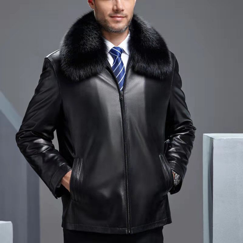 라펠 가죽 재킷 - 모피 칼라가 있는 블랙