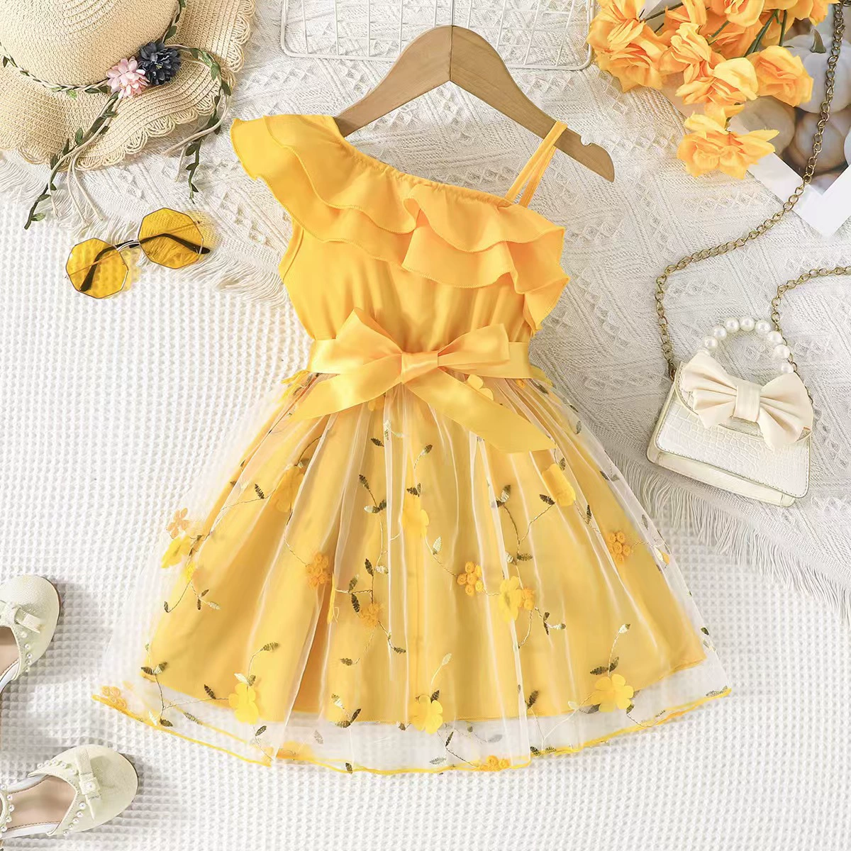 Детская одежда Милый Girl Oks Shoulder Bow Net Speed Dress