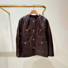 法单小众 2025秋冬老钱风复古质感羊皮革圆领宽松多口袋外套25902