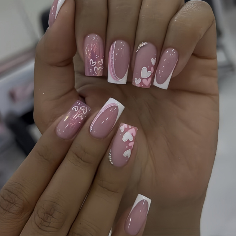 Cross-Border White French-Style Purple Pink Glitter Gradient White Heart 3D Silver Bead Design Wearable Nail Art Nail Pieces