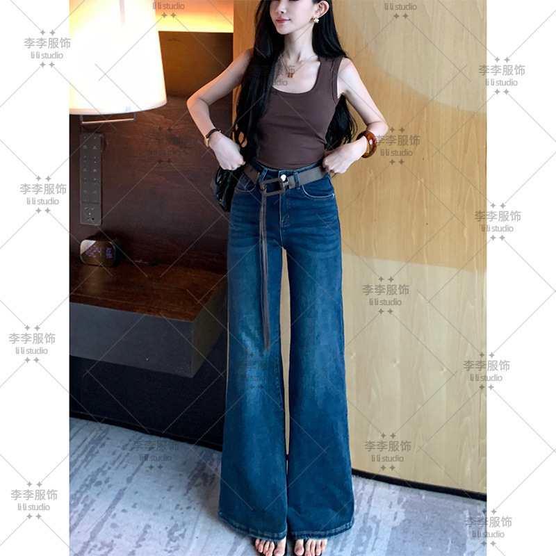 百搭复古不贴腿微喇牛仔裤女2025早秋新款高腰宽松弹力显瘦拖地裤|undefined