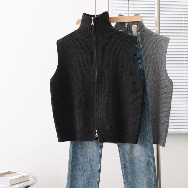 Retro Stand-Up Collar Waistoutwear Knitted Vest for Women Autumn and Winter New Cardigan Jacket Design Loose Zipper Sweater Vest