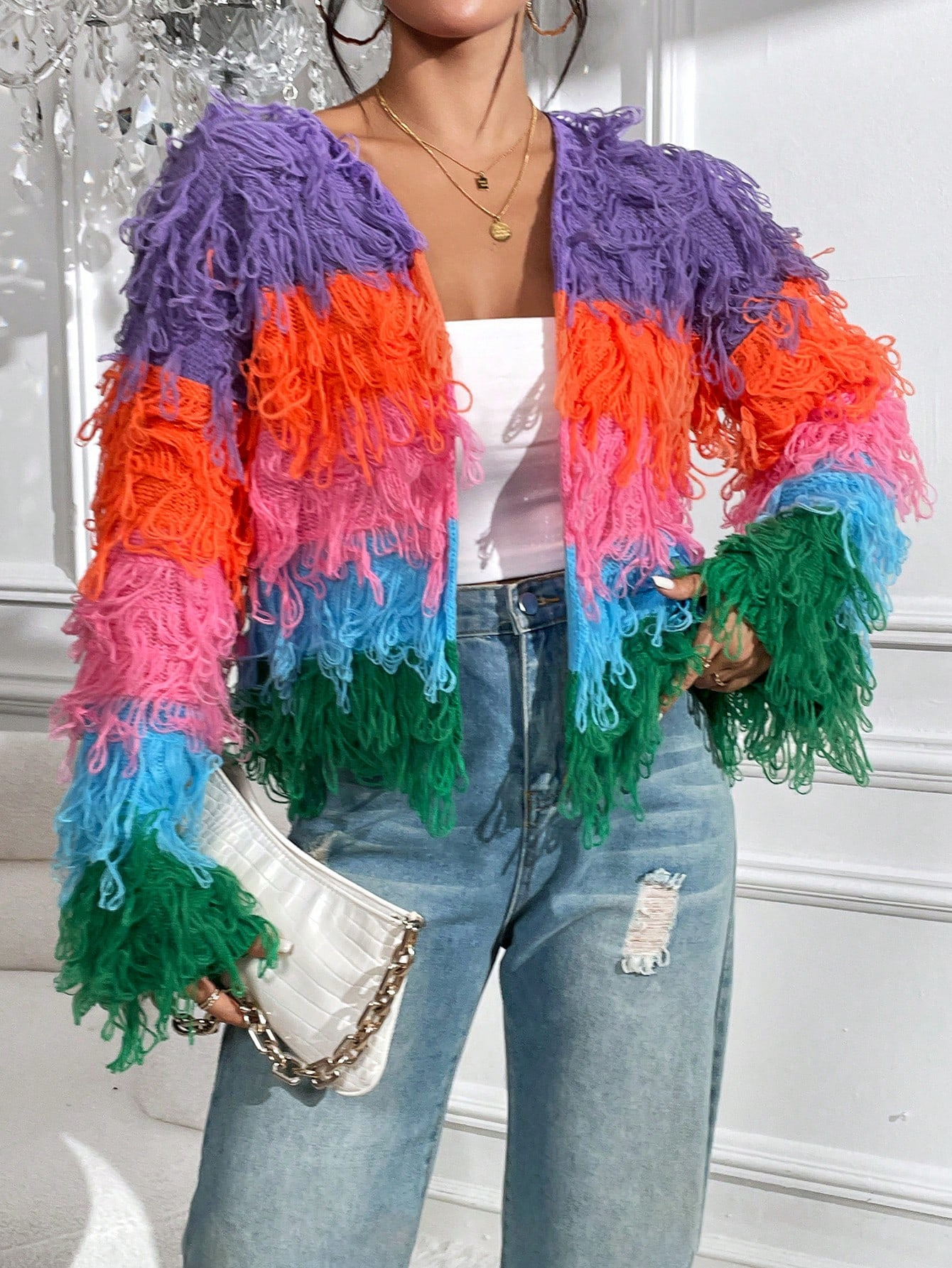 Fringe Gradient Cardigan Women's Fashion Knitwear Loose Fit Casual Long Sleeve V-Neck Boho Chic Sweater_ecoleips.com