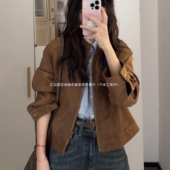 美拉德复古棕色夹克外套女春秋季新款早秋韩系小个子短款上衣
