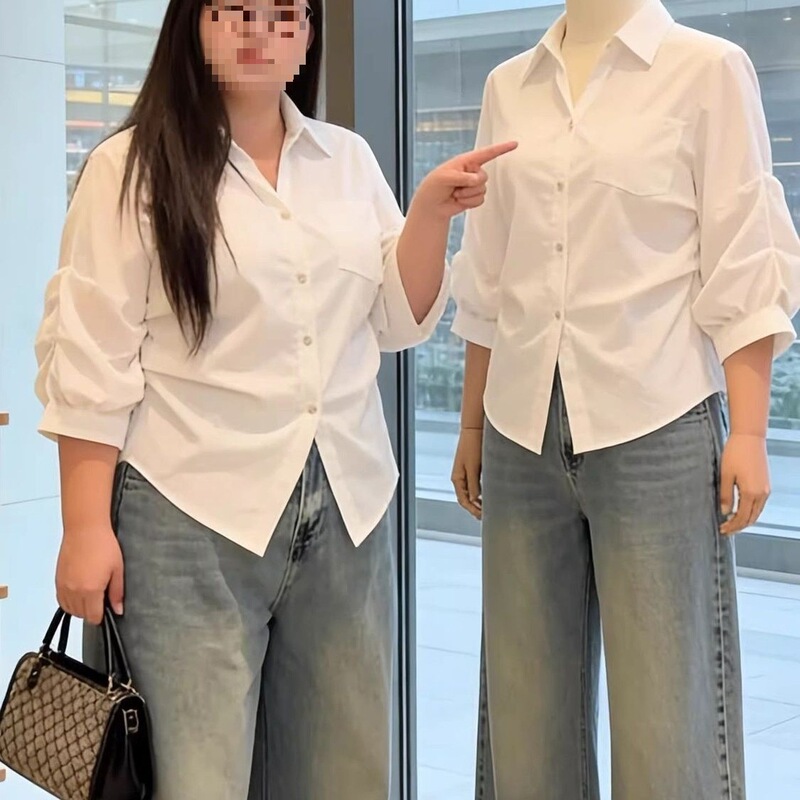 Plus-Size French-Style Lapel Long-Sleeve Shirt for Women, Spring/Summer, Flattering for Slightly Plump Figures, with a Stylish Design and Slim Fit Puff Sleeves Plus-Size French-Style Lapel Long-Sleeve Shirt for Women, Spring/Summer, Flattering for Slightly Plump Figures, with a Stylish Design and Slim Fit Puff Sleeves