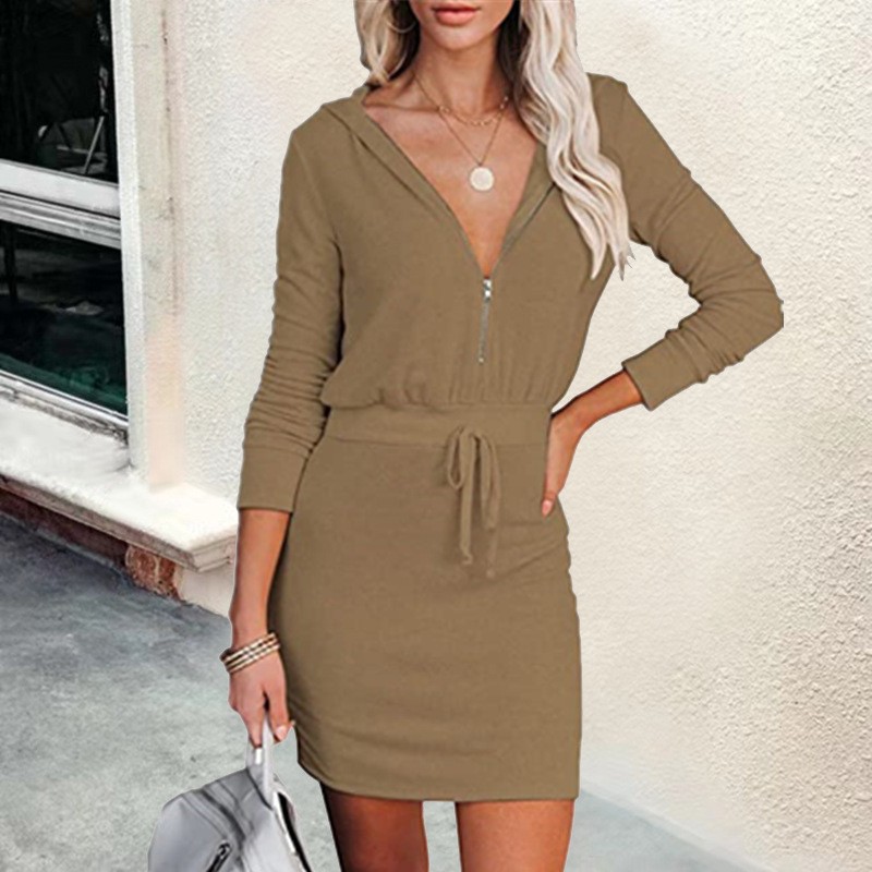 Women's Trendy Solid Color Dress Zip Front Long Sleeve Hoodie Style Waist‑Cinched Casual Daily Wear_ecoleips.com