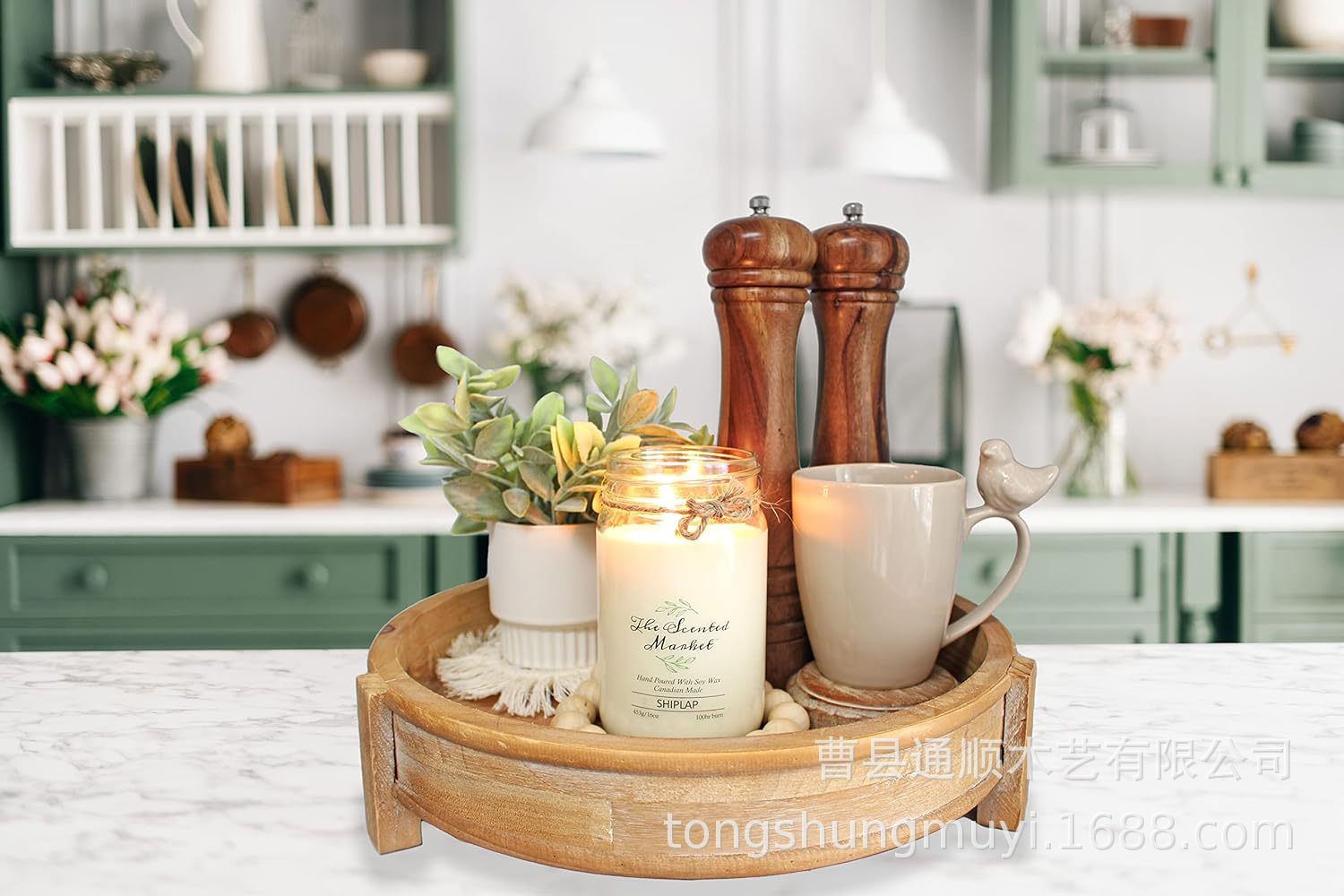 圆形嵌套托盘套装农舍圆形质朴木质装饰咖啡吧厨房柜台收纳木盘