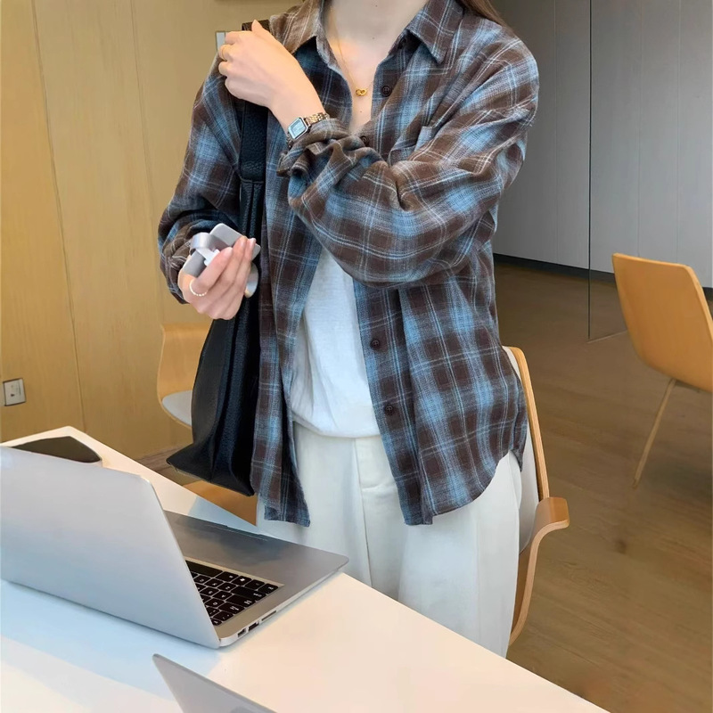 American Style Retro Plaid Long Sleeve Shirt Women's Spring and Summer Loose Design Sense French Style Chic Sunscreen Cardigan Shirt Jacket American Style Retro Plaid Long Sleeve Shirt Women's Spring and Summer Loose Design Sense French Style Chic Sunscreen Cardigan Shirt Jacket