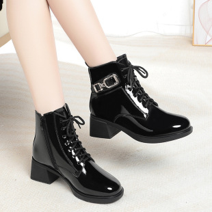 Bright Leather Boots for Women British Style 2022 Autumn and Winter New Boots Black Round Toe Short Boots Thick Heel Plus Suede Leather Shoes