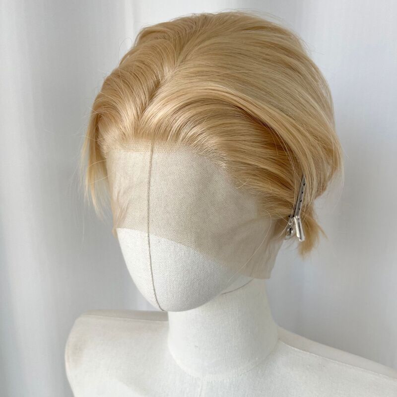 Tea-Colored Versatile Cosplay Short Wig, Hand-Crocheted Lace Front Short Wig with Random Parting, Golden Hair