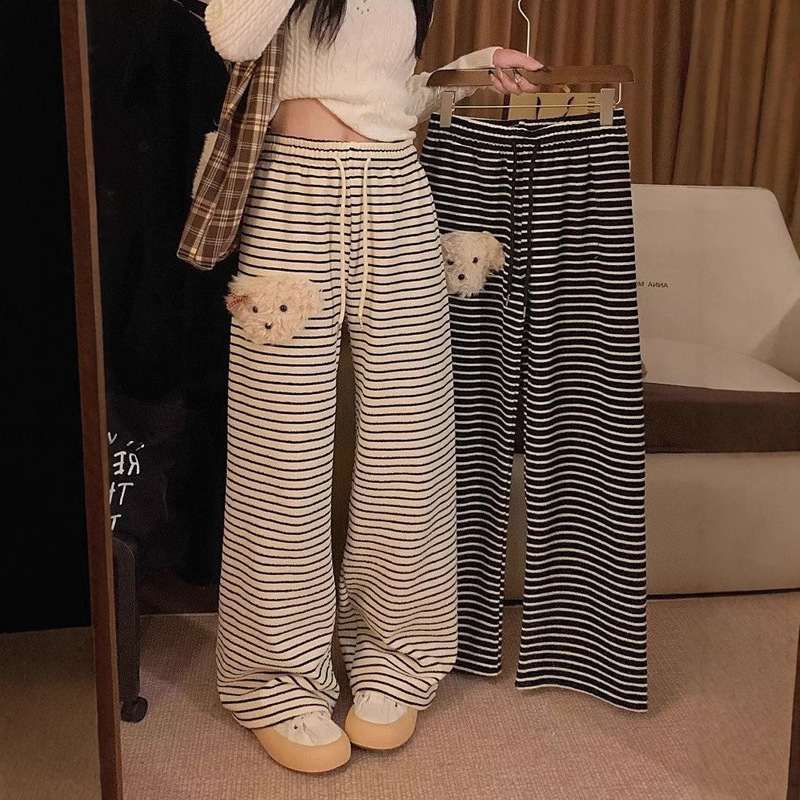 Lazy Style Cute Puppy Striped Casual Pants for Women Autumn and Winter Fleece-Lined Thickeneded Pants Loose Straight Wide Leg Pants