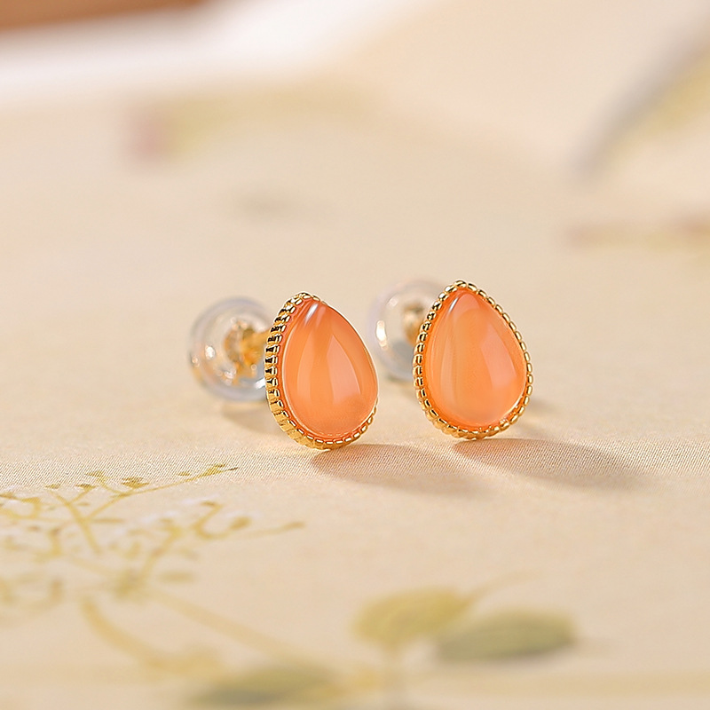 Bông tai stud bạc S925 mạ vàng đính đá mã não nước hồng — Cặp đôi
